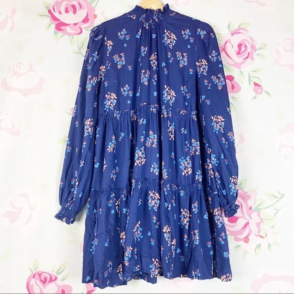 NEW Free People Petit Fours Indigo Blue Floral Linen Mini Dress M